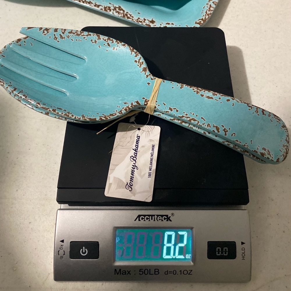 Teal Rustic Crackle Tommy Bahama Melamine Spoon Rest & Salad Server Set NEW - Picture 2 of 2